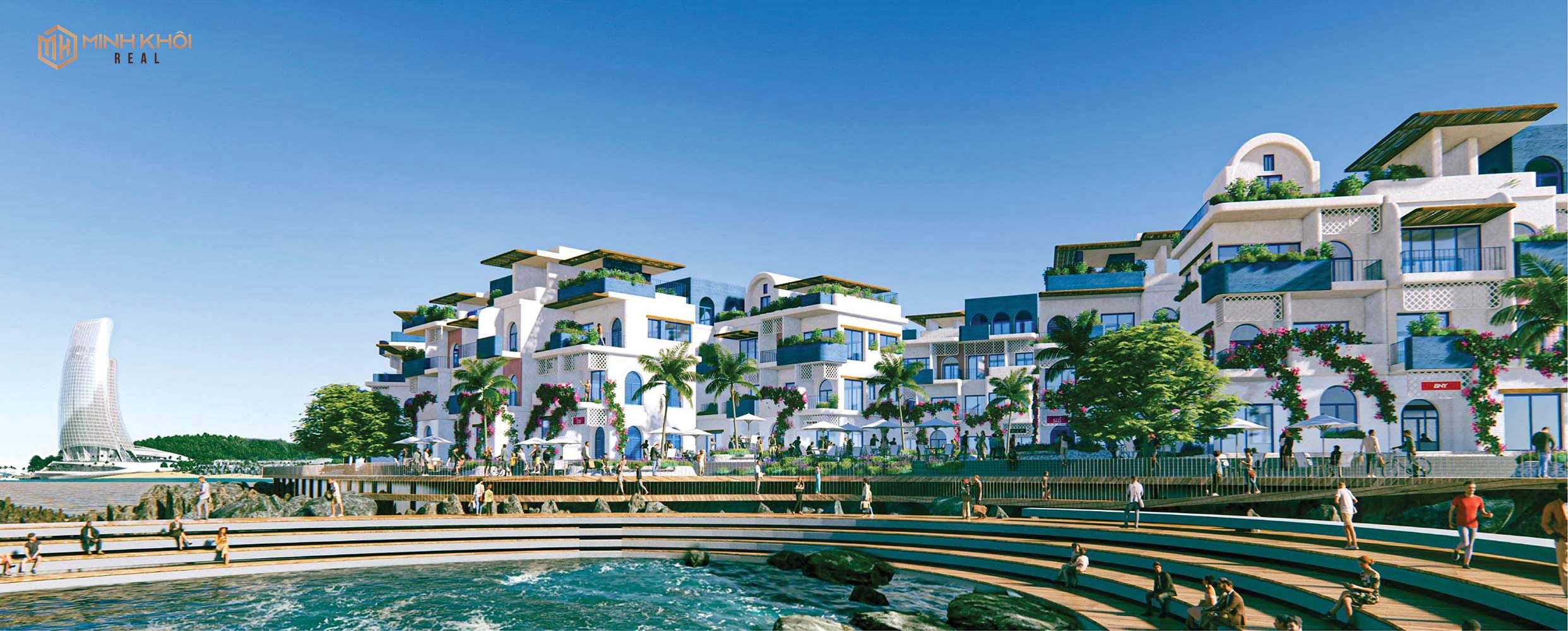Thiết kế shophouse Hòn Thơm dự kiến sẽ có hai màu xanh và trắng đặc trưng của phong cách kiến trúc Santorini Hy Lạp.